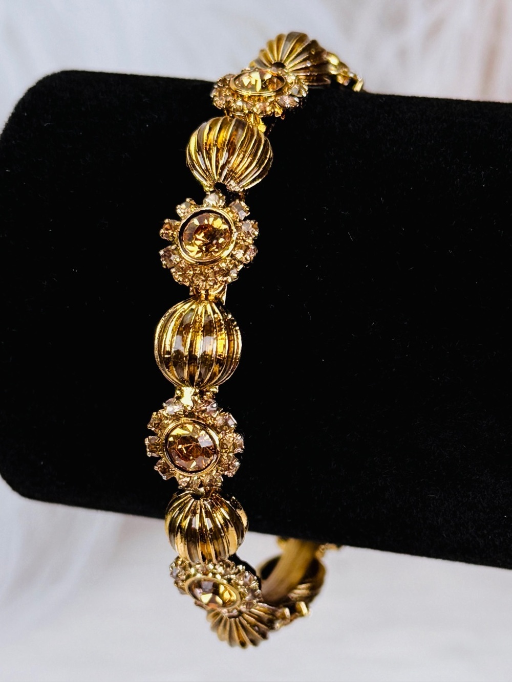 Vintage Goldtone Textured Bangke Bracelet with Crystal Accents